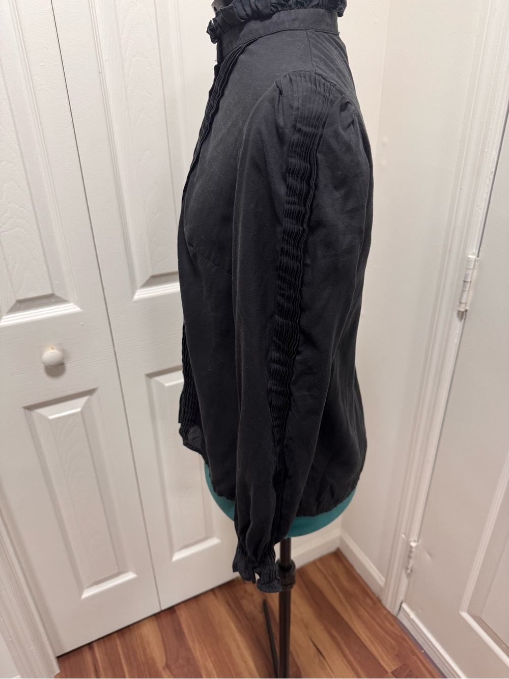 Black Ruffle-Neck Pintuck Button Front Blouse - Picture 5 of 8